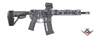 High-performance tactical rifle with custom graphics and advanced sighting system.