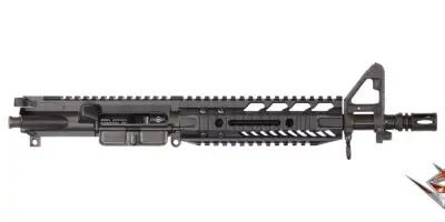 Precision rifle upper receiver with free-floating handguard and Picatinny rail for tactical shooting.