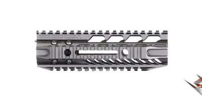 Custom rifle handguard with tactical rail system for precision shooting.