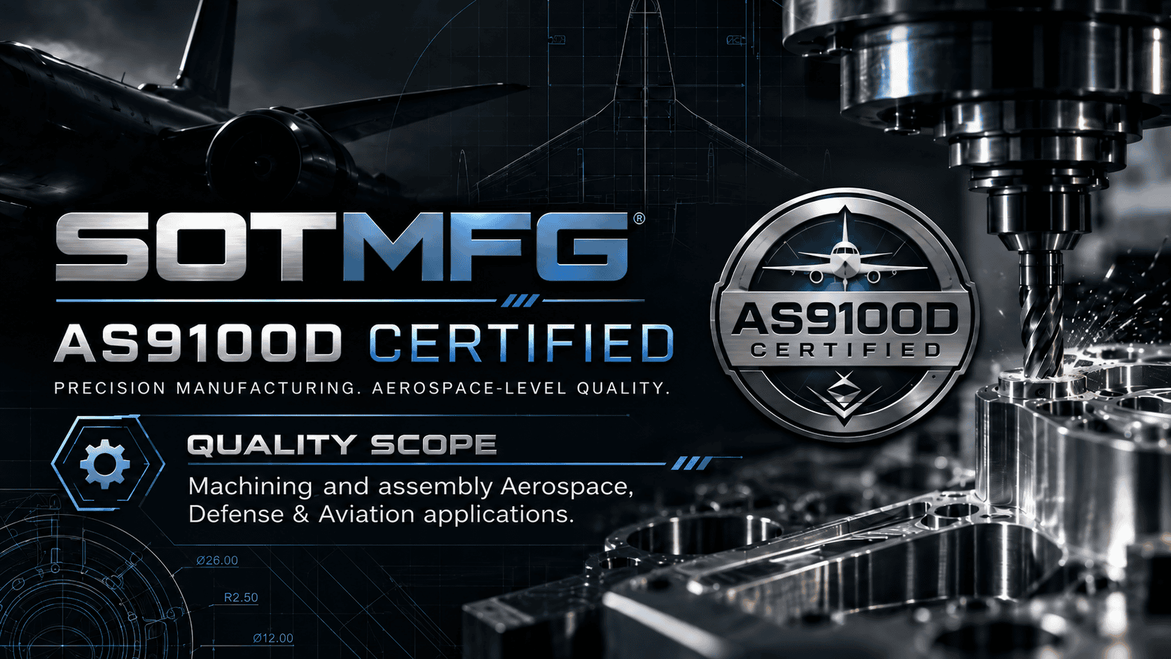 SOTMFG AS9100D Certified. Quality scope: Machining and assembly for Aerospace, Defense and Aviation applications.